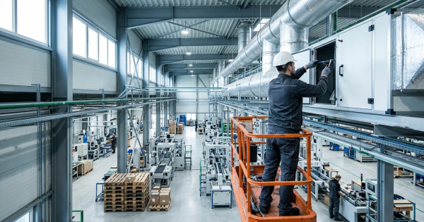 Technicien vérifiant une centrale de traitement d'air depuis une nacelle au-dessus d'une ligne de production climatisée